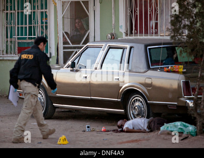 Investigatori della polizia sulla scena di un farmaco relative shoot out in una delle baraccopoli come la famiglia vista da dietro una porta dello schermo 14 gennaio 2009 in Juarez, Messico. Il tiro, creduto legato al farmaco in corso della guerra che ha già fatto più di quaranta persone dall'inizio dell'anno. Più di 1600 persone sono state uccise in Juarez nel 2008, rendendo Juarez la città più violenta del Messico. Foto Stock