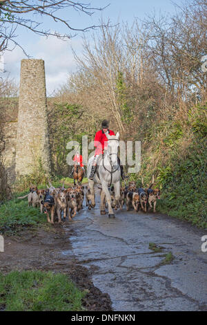 Cury suoneria throughcountryside galoppo su Penrose station wagon dopo la loro Boxing Day si incontrano a Helston, Cornwall Alamy/Bob Sharples Foto Stock