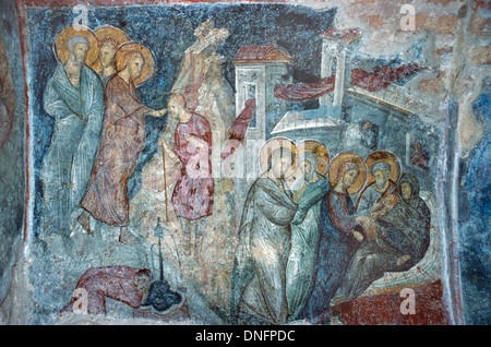 I miracoli di guarigione uomo cieco & sollevamento Pietro madre-in-legge c xiv affresco bizantino Odigitria chiesa monastero Brontochion Mistra, Mistra o Mistras Grecia Foto Stock