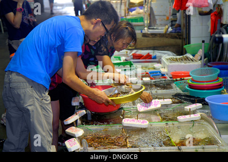 Hong Kong Cina, HK, Asia, cinese, orientale, isola, North Point, Java Road, North Point Ferry Pier, pesce, venditori bancarelle stand mercato Foto Stock