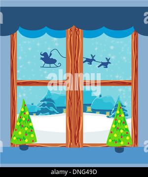 Paesaggio invernale con le renne, case e Santa Foto Stock