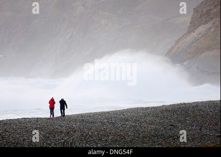 Newgale, Pembrokeshire, Wales, Regno Unito. 27 dicembre 21013. Tempesta di vento di forza creato enormi onde come lontano come orizzonte sulla costa sud occidentale del Galles. Credito: Graham M. Lawrence/Alamy Live News. Foto Stock