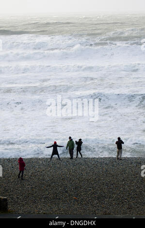 Newgale, Pembrokeshire, Wales, Regno Unito. 27 dicembre 21013. Tempesta di vento di forza creato enormi onde come lontano come orizzonte sulla costa sud occidentale del Galles. Credito: Graham M. Lawrence/Alamy Live News. Foto Stock