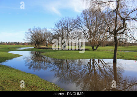 Wisley Campo da Golf, Surrey, Inghilterra, Regno Unito. Il 28 dicembre 2013. Dopo le tempeste in tutto il Regno Unito il periodo di Natale, sabato era una tranquilla e soleggiata giornata in Surrey. Tuttavia ci sono state diverse nuove 'water hazards' su Wisley Campo da golf che ha dovuto chiudere dopo una combinazione di piogge torrenziali e il fiume Wey scoppiare le sue banche avevano lasciato molte parti del corso sotto l'acqua. Credito: Julia Gavin/Alamy Live News Foto Stock