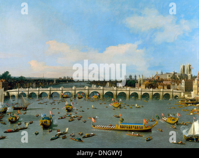 Canaletto, Westminster Bridge, con il Sindaco di processione sul Tamigi 1747 olio su tela. Foto Stock