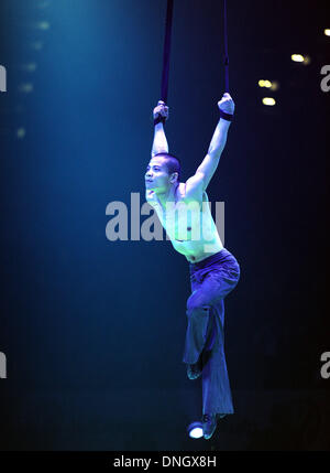 Oldenburg (Germania). 28 dicembre, 2013. Artista cinese Rui Ling suona presso il 'Feuerwerk der Turnkunst' ginnastica mostrano in Oldenburg (Germania), 28 dicembre 2013. L'Europa di maggior successo spettacolo di ginnastica ha dato dei calci a fuori il suo tour 2014 della Germania alla pecora Arena di Oldenburg. Foto: Ingo Wagner/dpa/Alamy Live News Foto Stock