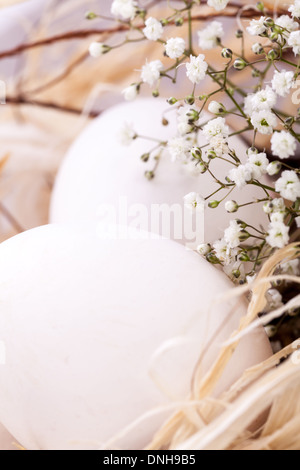 Tre semplici non decorato bianco Uova di Pasqua immerso in un nido di paglia con un delicato dolce spray di Bambinos soffio fiori per celebrare la primavera e le vacanze di Pasqua Foto Stock