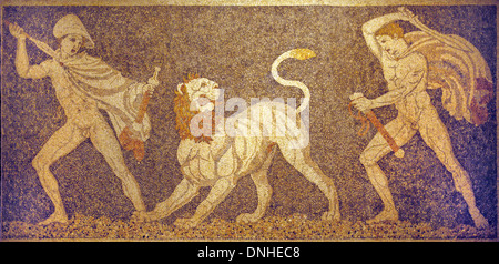 Greco-romane Pebble pavimento a mosaico di Lion Hunt c4° BC di Pella Macedonia Grecia Foto Stock