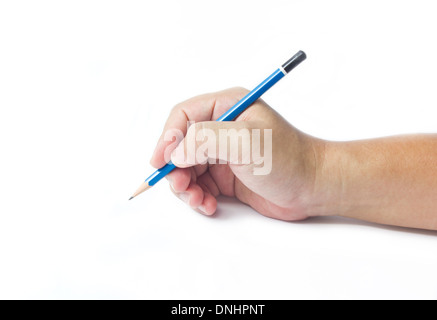 Matita in mano d'Uomo isolato su sfondo bianco. Foto Stock