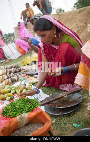 Donna vendita di verdura in un mercato in Stato di Bihar, in India. Foto Stock