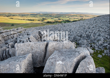 Alba sulle estremità cadde nuvole, , una zona di pavimentazione di pietra calcarea, guardando verso l'Eden Valley in Cumbria, nel Regno Unito. Foto Stock