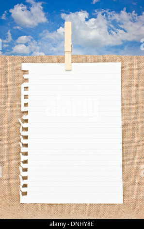 Strappati fuori la carta con clothespin in legno su tela. Foto Stock