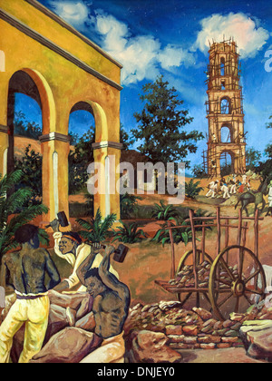 Non firmate pittura contemporanea che mostra la costruzione del villaggio e la TORRE DE MANACA IGNAZA (alta 44 metri), la torre di sorveglianza per guardare il nero gli schiavi africani sulla vecchia CANNA DA ZUCCHERO piantagione, los Ingenios Valley, elencato come un mondo HERIT Foto Stock