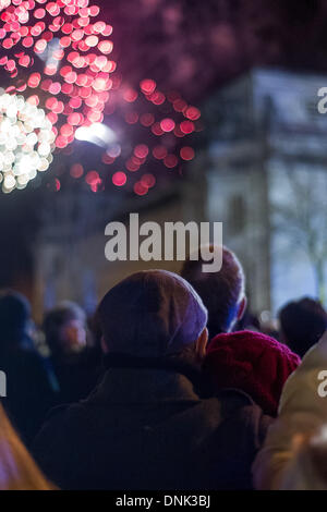 Cardiff, Regno Unito. Il 1 gennaio 2014. Spettatori guarda come fuochi d'artificio esplodere overhead per festeggiare il nuovo anno. Le persone si sono riunite nella capitale gallese per vedere all'inizio del 2014. Credito: Polly Thomas / Alamy Live News Foto Stock