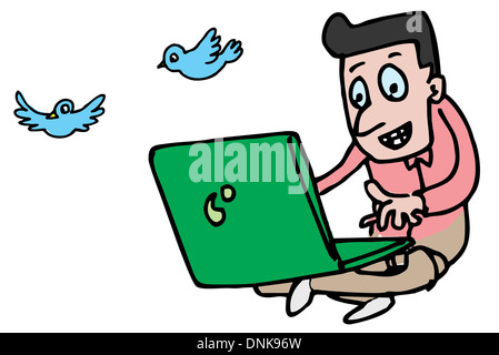 Rappresentazione illustrativa di un uomo twitting su laptop Foto Stock