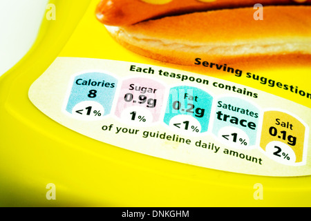 Informazioni nutrizionali gda indirizzo importo giornaliero sul vaso di mostarda di tagliare lo sfondo bianco spazio copia Foto Stock