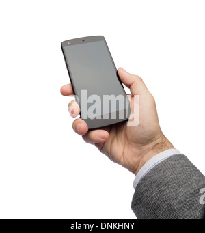Imprenditore azienda Nexus 5 per smartphone Android in mano intaglio isolato su sfondo bianco Foto Stock
