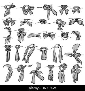 Insieme di diversi neckerchiefs legati in modi diversi Illustrazione Vettoriale