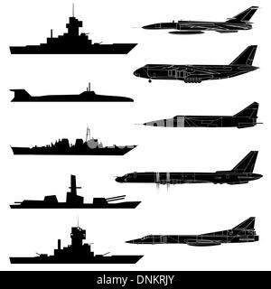 Una serie di aerei militari, navi e sottomarini. Illustrazione Vettoriale