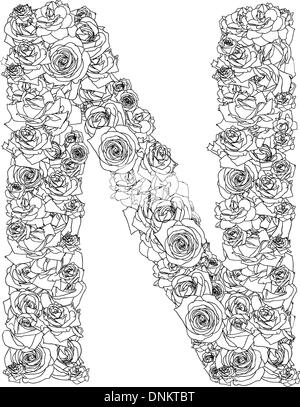 Alfabeto di fiori di rose rosse, caratteri N Illustrazione Vettoriale