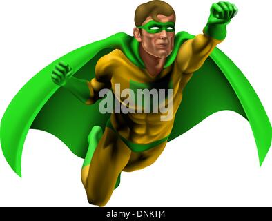 Illustrazione di un supereroe incredibile vestito in giallo e verde con costume cape volare attraverso l'aria Illustrazione Vettoriale