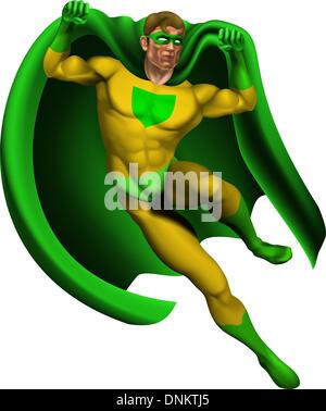 Illustrazione di un supereroe incredibile vestito in giallo e verde con il costume di atterraggio del capo Illustrazione Vettoriale