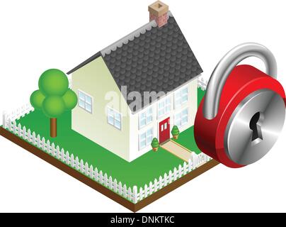 La protezione della casa il concetto di sistema, suburbane casa di famiglia e l'icona a forma di lucchetto Illustrazione Vettoriale