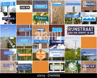 Collage di varie indicazioni relative al fiume Reno nei Paesi Bassi Foto Stock
