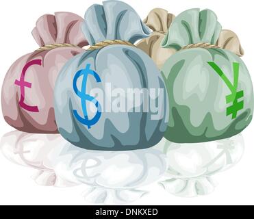 Sacco di denaro sacchi contenenti differenti valute del mondo. Pound, del dollaro e dello yen che mostra i simboli. Illustrazione Vettoriale
