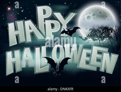 Un spooky happy Halloween illustrazione dello sfondo della scena notturna con luna piena e pipistrelli scary alberi Illustrazione Vettoriale