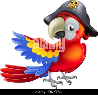 Un pappagallo rosso cartoon indossando un cappello dei pirati e eye patch e dispositivo di puntamento con il suo o la sua ala Illustrazione Vettoriale