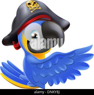 Una illustrazione di un pirata pappagallo mascotte rotondo pendente un segno bordo e dispositivo di puntamento con la sua ala o mostrando qualcosa di Illustrazione Vettoriale