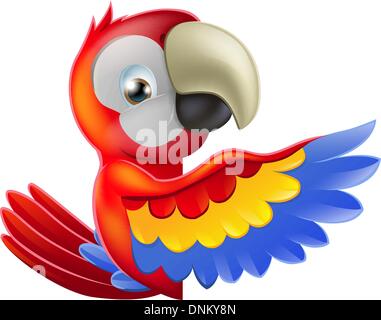 Un rosso macaw pappagallo rotondo pendente un segno o un banner e rivolto verso la sua ala in corrispondenza di ciò che è scritto su di esso Illustrazione Vettoriale