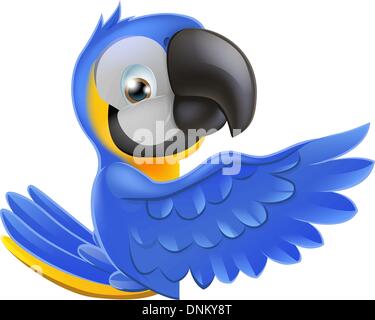Un blu e giallo macaw pappagallo rotondo pendente un segno o un banner e rivolto verso la sua ala in corrispondenza di ciò che è scritto su di esso Illustrazione Vettoriale
