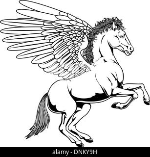 Pegasus cavallo con ali allevamento sulla sua schiena gambe in bianco e nero contorno Illustrazione Vettoriale