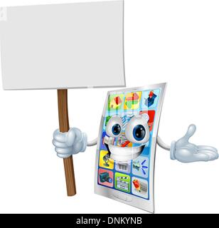 Metallo telefono cellulare personaggio dei fumetti tenendo in mano un cartello Illustrazione Vettoriale