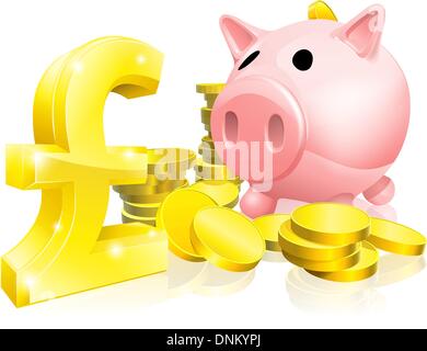 Illustrazione di un rosa salvadanaio con un sacco di monete d'oro e un grande segno di cancelletto o simbolo Illustrazione Vettoriale