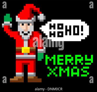 Arcade retrò 8-bit video stile di gioco pixel art Christmas Santa sventolando con Merry Xmas messaggio Illustrazione Vettoriale