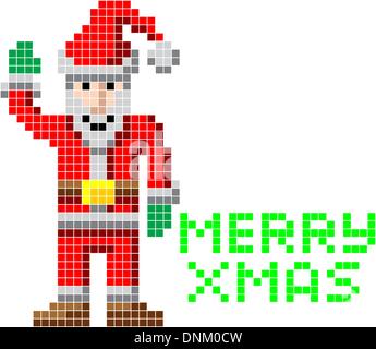 Retrò video arcade game style pixel art Christmas Santa con Merry Xmas messaggio Illustrazione Vettoriale