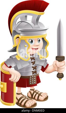 Illustrazione di un simpatico felice soldato romano che tiene una spada e uno scudo Illustrazione Vettoriale