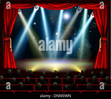 Udienza in silhouette a guardare la scena con faretti stage light show Illustrazione Vettoriale