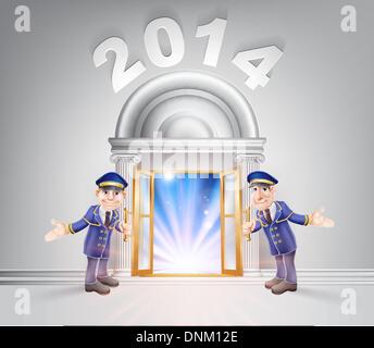 Nuovo anno porta 2014 Nozione di portieri hoding aprire una porta per il nuovo anno con lo streaming di luce attraverso di esso. Illustrazione Vettoriale