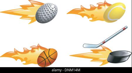 Una lucida shiny sport icon set con fiamme e fuoco. Pallina da golf, palla da tennis, pallacanestro e hockey puck e stick veloci th Illustrazione Vettoriale