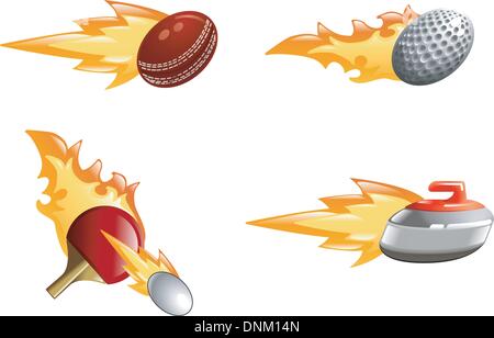 Una lucida shiny sport icon set con fiamme e fuoco. Pallina da golf, cricket ball, ping pong bat e la sfera e la pietra di curling battenti fas Illustrazione Vettoriale