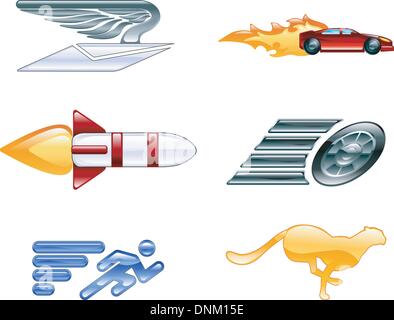 Uno schema concettuale di set di icone relative alla velocità, di essere veloce e efficiente o. Illustrazione Vettoriale