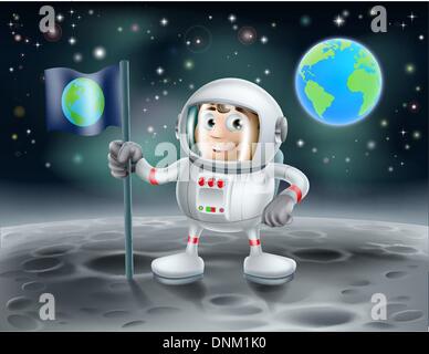 Una illustrazione di un cartoon carino astronauta sulla luna di piantare una bandiera con il pianeta terra in background Illustrazione Vettoriale