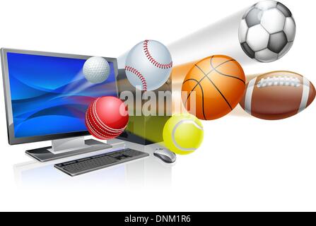 Sport computer app concetto, una illustrazione di un computer pc con le palle sportive battenti fuori dello schermo Illustrazione Vettoriale