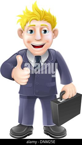 Business man in possesso di una valigetta e dando un entusiasta pollice in alto Illustrazione Vettoriale