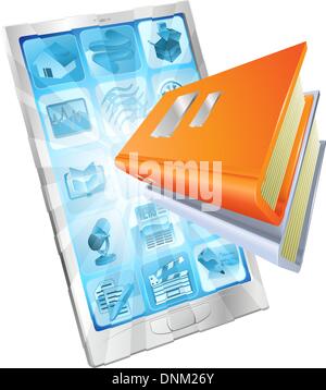 Icona a forma di libro esce dalla schermata Telefono concetto per gli ebook reader app, database online, elearning. Illustrazione Vettoriale