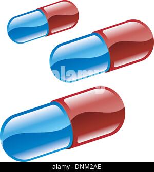 Rosso lucido e blu capsula medica pillola compresse illustartion icona Illustrazione Vettoriale